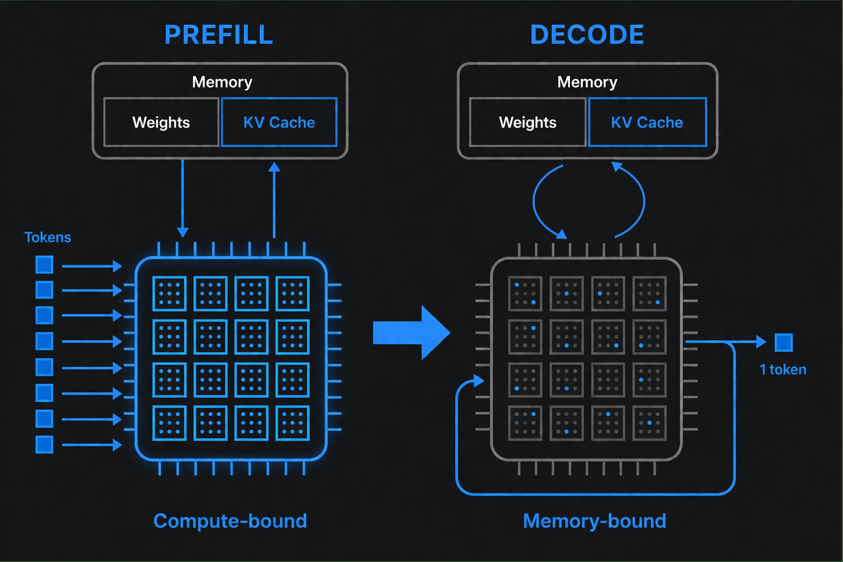 Prefill vs Decode: compute-bound parallel prompt processing versus memory-bound sequential token generation