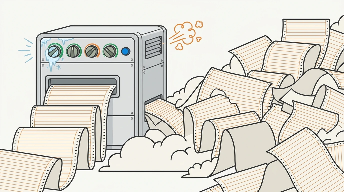 An illustration of a machine with four control dials. The leftmost dial is frozen over with ice and turned to its minimum. The machine is quietly producing an enormous unstoppable stream of fanfold printer paper that floods the frame.