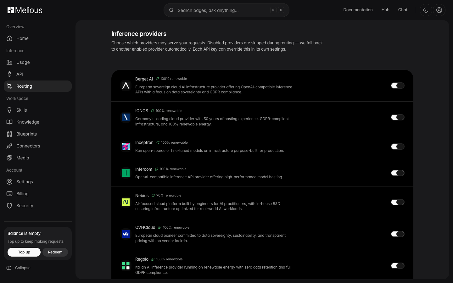 Melious dashboard: Infercom enabled in the Inference providers list
